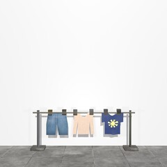 洗濯物と白背景のコピースペース、太陽マークのTシャツとジーンズ - obrazy, fototapety, plakaty