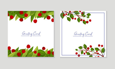 Fototapeta na wymiar Greeting Card with Red Cherry Berry Branch and Blooming Flower Vector Template Set