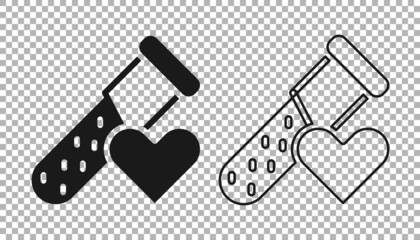 Black Test tube or flask with blood icon isolated on transparent background. Laboratory, chemical, scientific glassware sign. Vector