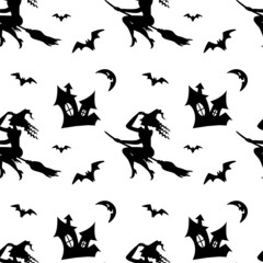Seamless pattern with witch flying on broomstick, bat, moon isolated on white background. Vector flat illustration. Design for Halloween backdrop, textile, wrapping, wallpaper