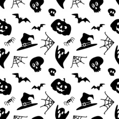 Halloween seamless pattern with skull, bat, spider web, hat isolated on white background. Vector flat illustration. Design for Halloween backdrop, textile, wrapping, wallpaper