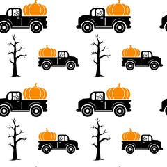 Seamless pattern with Halloween truck, pumpkin, tree isolated on white background. Vector flat illustration. Design for Halloween backdrop, textile, wrapping, wallpaper