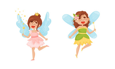 Obraz na płótnie Canvas Cute Fairy or Pixie with Etherial Wings and Magic Wand Vector Set