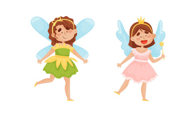Cute Fairy or Pixie with Etherial Wings and Magic Wand Vector Set