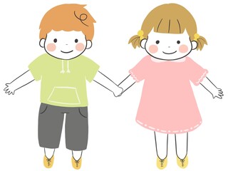 仲良く手を繋ぎ正面を向くかわいい男の子
女の子男の子と女の子