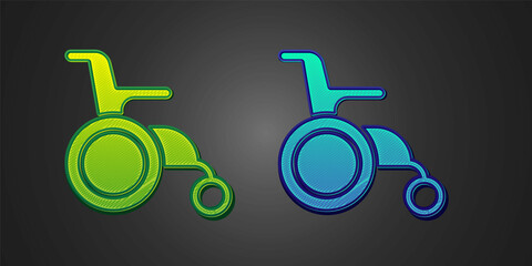 Green and blue Wheelchair for disabled person icon isolated on black background. Vector