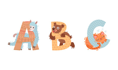 Naklejka premium Animal Alphabet Capital Letter with Bear and Alpaca Vector Set