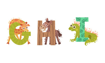 Animal Alphabet Capital Letter with Giraffe and Horse Vector Set