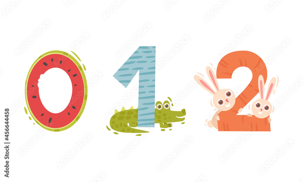 Poster animal number and numeral with crocodile and hare vector set