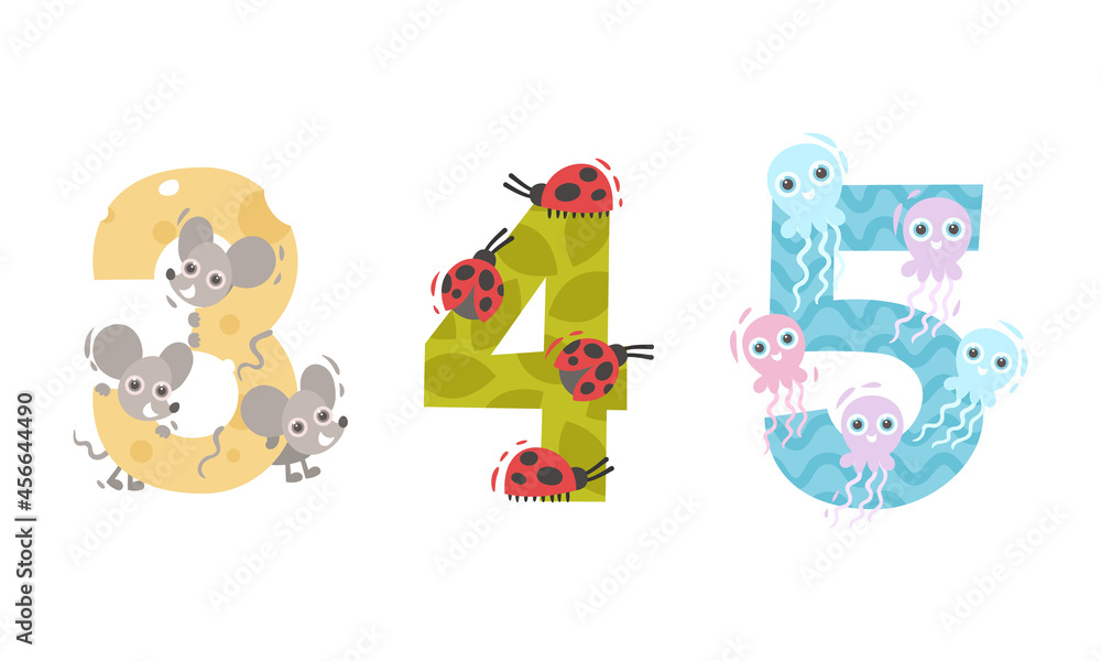 Poster animal number and numeral with mouse and ladybug vector set