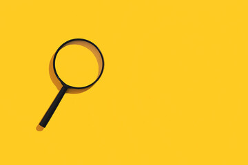 Magnifying glass on yellow background. Top view. Flat lay. Copy space. Concept