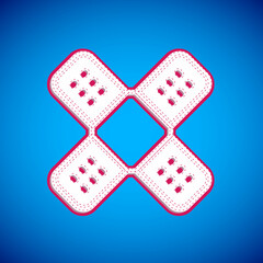 White Crossed bandage plaster icon isolated on blue background. Medical plaster, adhesive bandage, flexible fabric bandage. Vector