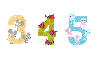 Animal Number and Numeral with Mouse and Ladybug Vector Set