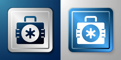 White First aid kit icon isolated on blue and grey background. Medical box with cross. Medical equipment for emergency. Healthcare concept. Silver and blue square button. Vector