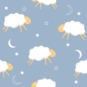 Cute sheep seamless pattern with lite blue background cartoon style. Vector illustration.