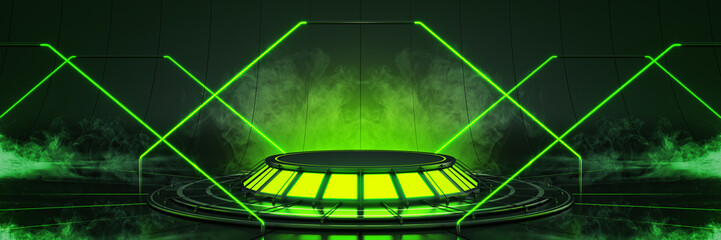 Futuristic Sci Fi Modern Empty Big Hall Dark, Alien Garage Sci Fi . 3drendering