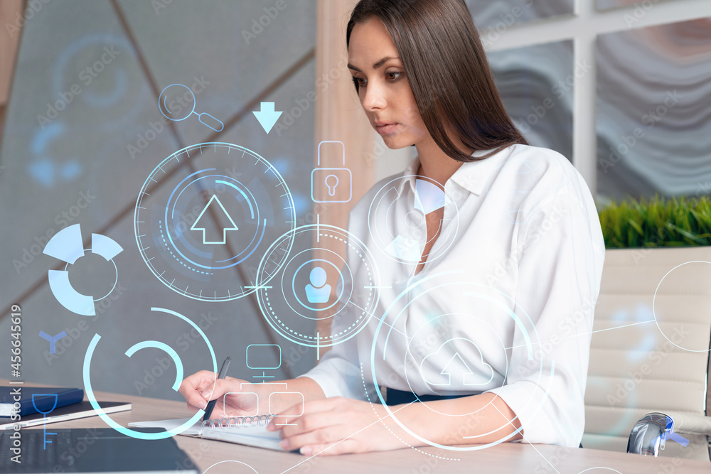 Aufkleber portrait of attractive businesswoman in formal wear working with documents and thinking how to optim