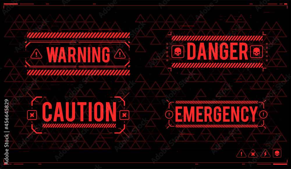 Poster Conceptual Layout with HUD elements for print and web. Lettering with futuristic user interface elements. HUD danger zone. warning and alert attention signs.