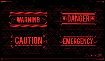Conceptual Layout with HUD elements for print and web. Lettering with futuristic user interface elements. HUD danger zone. warning and alert attention signs. - obrazy, fototapety, plakaty