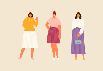 Fashionable modern girls in skirts of different lengths. Vector illustration