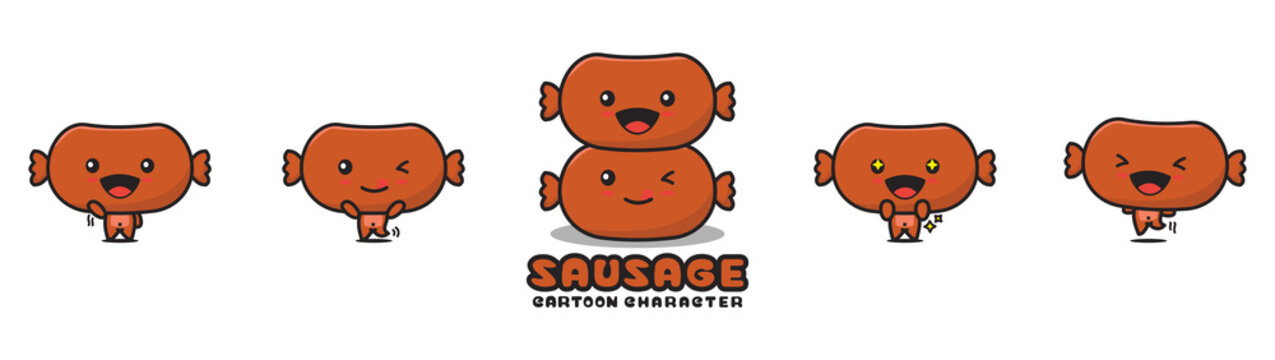 cute sausage mascot, food cartoon illustration, with different facial expressions and poses