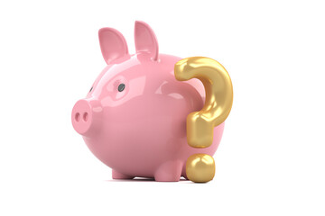 Pink pig piggy bank and gold question mark on a white background. 3d render illustration.