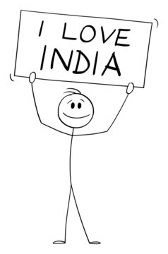 Person Holding I love India Sign , Vector Cartoon Stick Figure Illustration