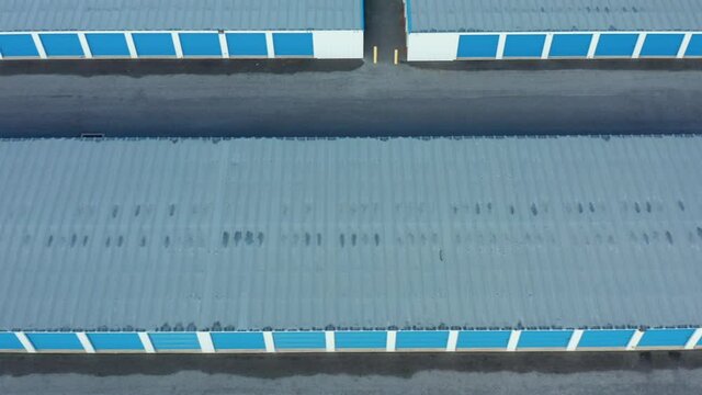 Self storage rental units. Aerial of large building to rent space for secure keeping.