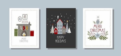 Set Christmas greeting cards with cute winter elements and a hand-drawn inscription