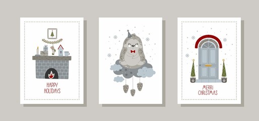 Fototapeta na wymiar Set Christmas greeting cards with cute winter elements and a hand-drawn inscription