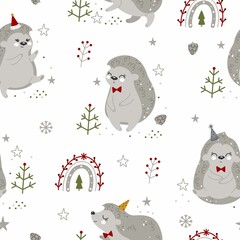 Seamless Christmas and New Year pattern with Christmas hedgehogs and winter elements.
