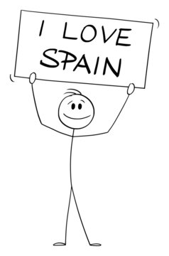 Person Holding I love Spain Sign , Vector Cartoon Stick Figure Illustration