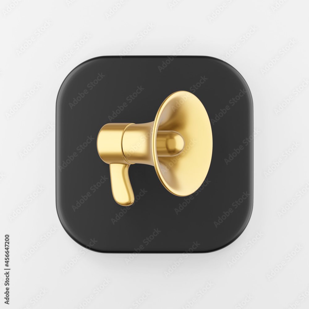 Poster golden megaphone icon in cartoon style. 3d rendering black square key button, interface ui ux elemen