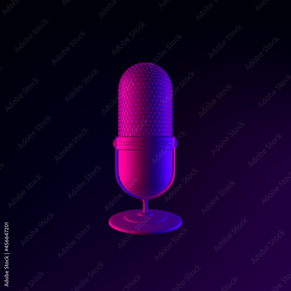 Poster microphone neon icon. 3d rendering ui ux interface element. dark glowing symbol.