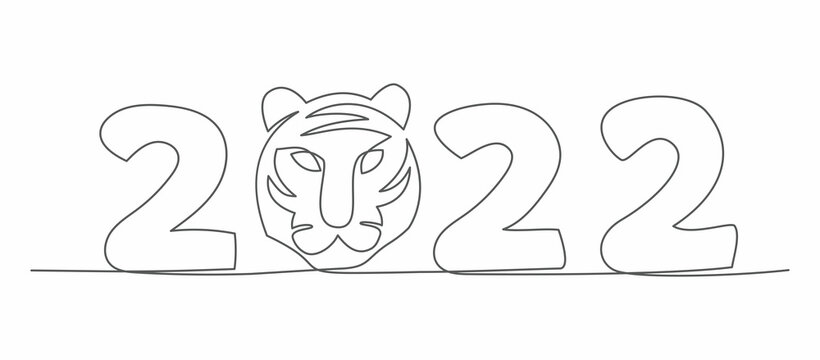New Year One line drawing Christmas illustration with tiger in line style on white background