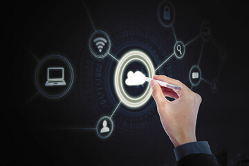Businessman hand touching cloud computing symbol