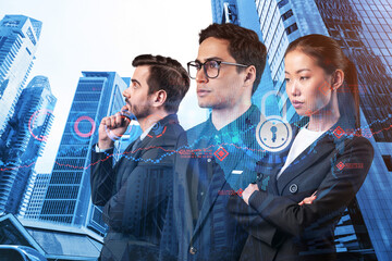 Group of business colleagues as a part of multinational corporate team working on project to...