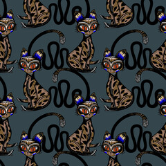 Exotic artistic folk Boho contemporary style tropical cat seamless pattern. Retro modern kitty aesthetic background.