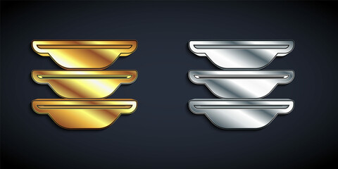 Gold and silver Washing dishes icon isolated on black background. Cleaning dishes icon. Dishwasher sign. Clean tableware sign. Long shadow style. Vector