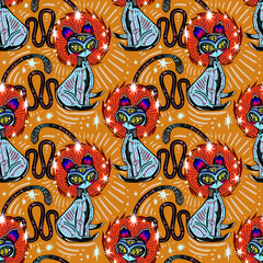 Magic living dead contemporary bone zombie three eye Cat demon seamless pattern. Retro modern kitty aesthetic background