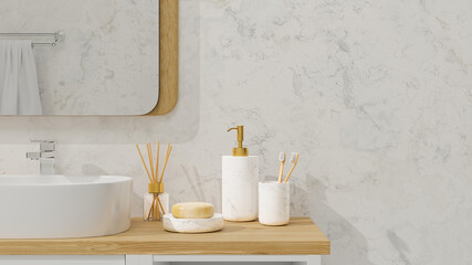 Modern bathroom interior with vessel sink, diffusers, soap, toothbrush, shampoo on wooden...