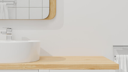 Stylish bathroom interior with mockup space for montage on wooden bathroom countertop, 3d rendering