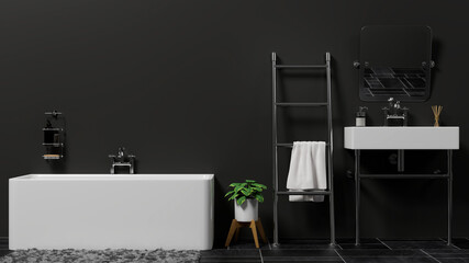 Modern bathroom interior with bathtub, ladder, washbasin in black wall, 3d rendering