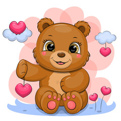 Obraz na płótnie Canvas Cute cartoon brown bear with hearts. Vector illustration of an animal on a pink background.