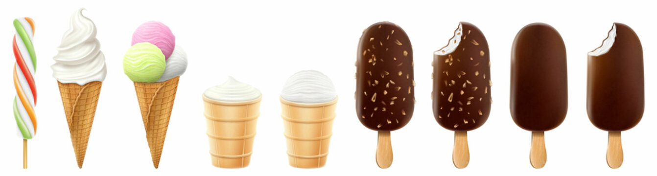 Set of ice cream in a waffle cone and popsicle isolated on a white background. Realistic 3D vector
