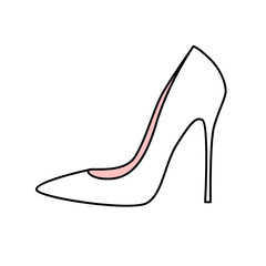 White wedding shoe of the bride with high heels. Festive women's shoes. Doodle vector illustration