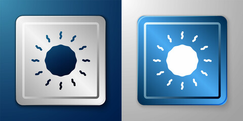 White Sun icon isolated on blue and grey background. Silver and blue square button. Vector
