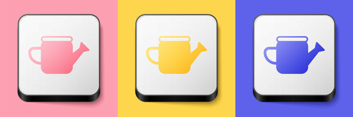 Isometric Watering can icon isolated on pink, yellow and blue background. Irrigation symbol. Square button. Vector