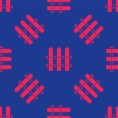 Red Garden fence wooden icon isolated seamless pattern on blue background. Vector