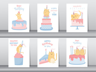 Set of birthday cards,poster,invitation card,template,greeting cards,animals,cat,cute,Vector illustrations.